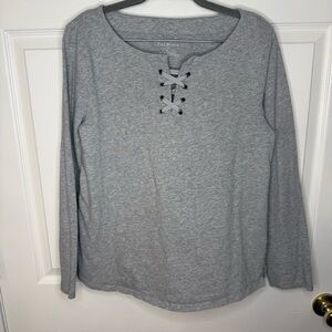 Talbots Heather Gray Lace-Up Long Sleeve Top 100% Cotton Size Medium GUC
